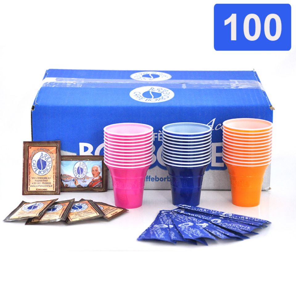 Immagine di Kit 100 Bicchieri 100 Palette 100 Zucchero caffè Borbone
