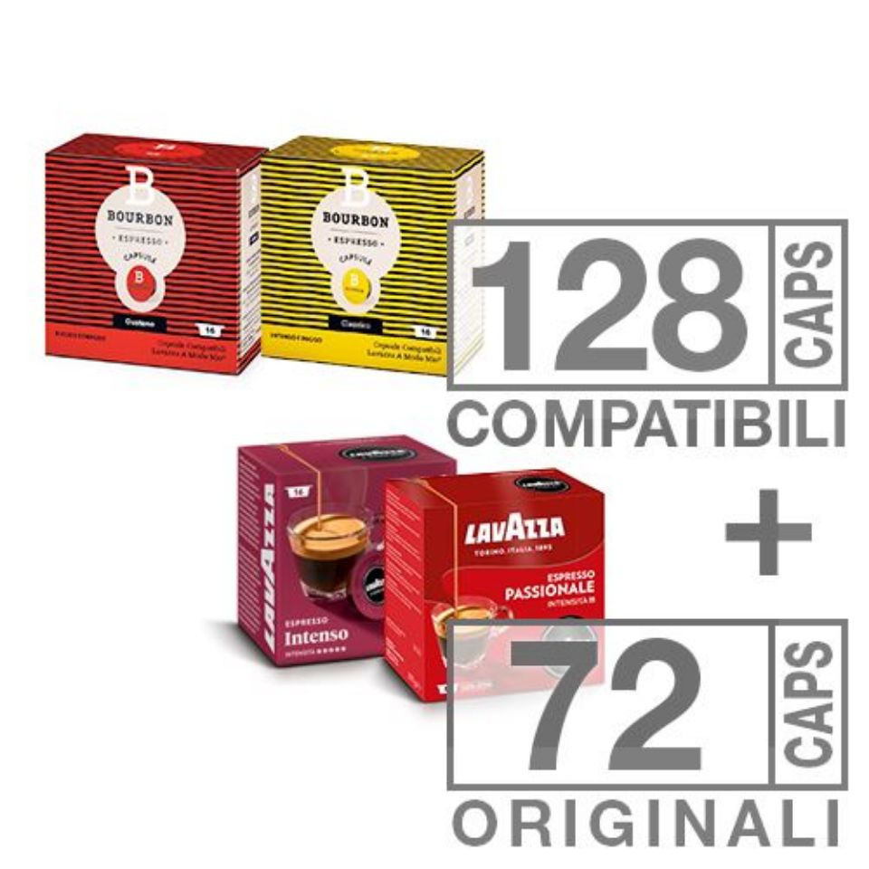 Immagine di 128 Capsule Bourbon Lavazza Compatibili a Modo Mio + 72 Capsule Originali Lavazza con Spedizione Gratis